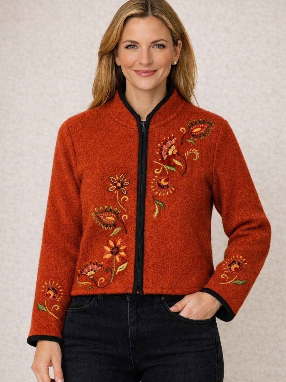 VTG Carson Rust Wool Embroidered Cropped Cardigan S Folk Cottagecore Artsy Boho